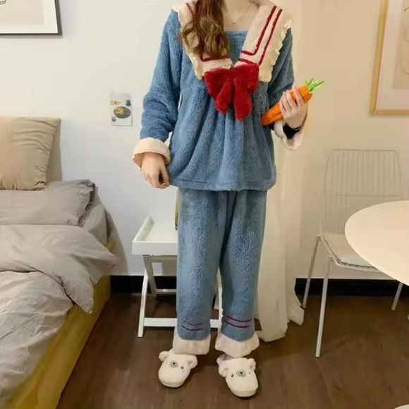 New Pajama Sets Women Sweet Japan Style Lounge Kawaii Sleepwear Flannel - Picture 3 of 8